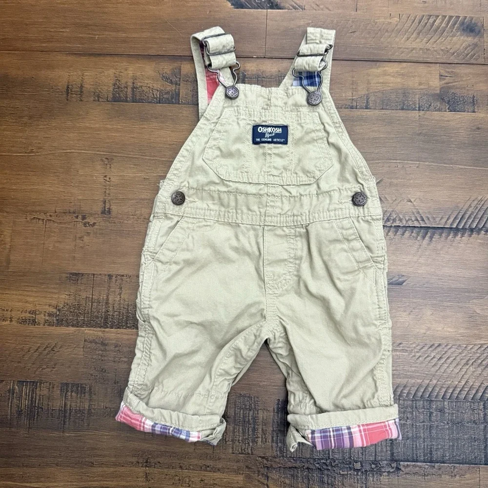 Oshkosh B'Gosh Baby Khaki Overalls‎ With Plaid Size 3 Months